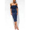 imagePRETTYGARDEN Womens Summer Off The Shoulder Ruched Bodycon Dresses Sleeveless Fitted Party Club Midi DressNavy