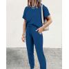 imagePRETTYGARDEN Womens Two Piece Outfit Short Sleeve Pullover with Drawstring Long Pants Tracksuit Jogger SetDark Blue