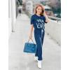 imagePRETTYGARDEN Womens Two Piece Outfit Short Sleeve Pullover with Drawstring Long Pants Tracksuit Jogger SetPrint Dark Blue