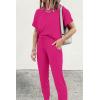 imagePRETTYGARDEN Womens Two Piece Outfit Short Sleeve Pullover with Drawstring Long Pants Tracksuit Jogger SetRose Red
