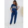 imagePRETTYGARDEN Womens Two Piece Outfit Short Sleeve Pullover with Drawstring Long Pants Tracksuit Jogger SetStriped Bright Blue
