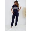 imagePRETTYGARDEN Womens Two Piece Outfit Short Sleeve Pullover with Drawstring Long Pants Tracksuit Jogger SetStriped Navy