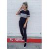imagePRETTYGARDEN Womens Two Piece Outfit Short Sleeve Pullover with Drawstring Long Pants Tracksuit Jogger SetStriped Navy