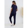 imagePRETTYGARDEN Womens Two Piece Outfit Short Sleeve Pullover with Drawstring Long Pants Tracksuit Jogger SetStriped Navy