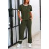 imagePRETTYGARDEN Womens Two Piece Outfit Short Sleeve Pullover with Drawstring Long Pants Tracksuit Jogger SetStripes Army Green