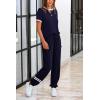 imagePRETTYGARDEN Womens Two Piece Outfit Short Sleeve Pullover with Drawstring Long Pants Tracksuit Jogger SetStripes Dark Blue