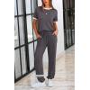 imagePRETTYGARDEN Womens Two Piece Outfit Short Sleeve Pullover with Drawstring Long Pants Tracksuit Jogger SetStripes Grey