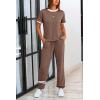 imagePRETTYGARDEN Womens Two Piece Outfit Short Sleeve Pullover with Drawstring Long Pants Tracksuit Jogger SetStripes Khaki