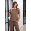 imagePRETTYGARDEN Womens Two Piece Outfit Short Sleeve Pullover with Drawstring Long Pants Tracksuit Jogger SetStripes Khaki