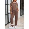 imagePRETTYGARDEN Womens Two Piece Outfit Short Sleeve Pullover with Drawstring Long Pants Tracksuit Jogger SetStripes Khaki