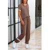 imagePRETTYGARDEN Womens Two Piece Outfit Short Sleeve Pullover with Drawstring Long Pants Tracksuit Jogger SetStripes Khaki