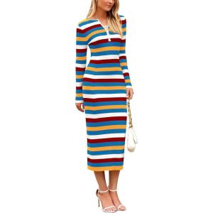 imagePRETTYGARDEN Womens 2024 Fall Striped Sweater Dress Long Sleeve Button V Neck Knit Midi Bodycon DressesStriped Blue