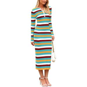 imagePRETTYGARDEN Womens 2024 Fall Striped Sweater Dress Long Sleeve Button V Neck Knit Midi Bodycon DressesStriped Light Blue