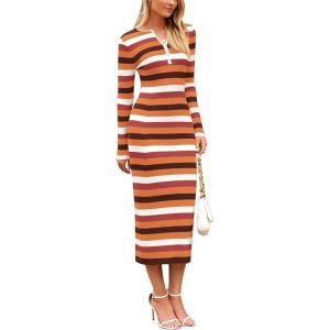 imagePRETTYGARDEN Womens 2024 Fall Striped Sweater Dress Long Sleeve Button V Neck Knit Midi Bodycon DressesStriped Orange