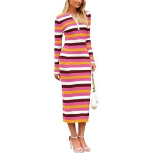 imagePRETTYGARDEN Womens 2024 Fall Striped Sweater Dress Long Sleeve Button V Neck Knit Midi Bodycon DressesStriped Rose Red