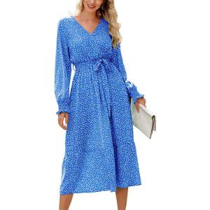 imagePRETTYGARDEN Womens Floral Print Boho Dress Long Sleeve Wrap V Neck Ruffle Belted ALine Flowy Maxi DressesBblue