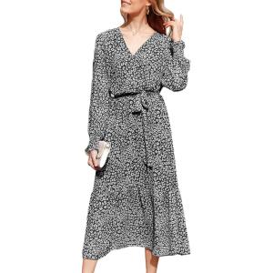 imagePRETTYGARDEN Womens Floral Print Boho Dress Long Sleeve Wrap V Neck Ruffle Belted ALine Flowy Maxi DressesBlack