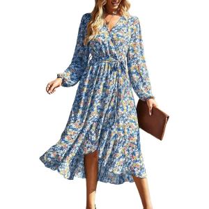 imagePRETTYGARDEN Womens Floral Print Boho Dress Long Sleeve Wrap V Neck Ruffle Belted ALine Flowy Maxi DressesFloral Blue