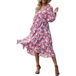 imagePRETTYGARDEN Womens Floral Print Boho Dress Long Sleeve Wrap V Neck Ruffle Belted ALine Flowy Maxi DressesFloral Pink