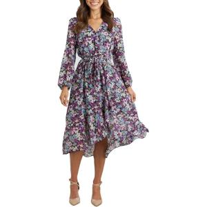 imagePRETTYGARDEN Womens Floral Print Boho Dress Long Sleeve Wrap V Neck Ruffle Belted ALine Flowy Maxi DressesFloral Purple