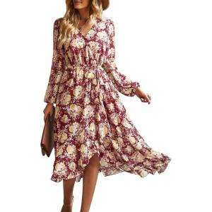 imagePRETTYGARDEN Womens Floral Print Boho Dress Long Sleeve Wrap V Neck Ruffle Belted ALine Flowy Maxi DressesFloral Wine Red