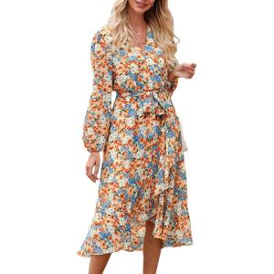 imagePRETTYGARDEN Womens Floral Print Boho Dress Long Sleeve Wrap V Neck Ruffle Belted ALine Flowy Maxi DressesFloral Yellow