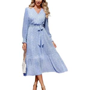 imagePRETTYGARDEN Womens Floral Print Boho Dress Long Sleeve Wrap V Neck Ruffle Belted ALine Flowy Maxi DressesLight Blue