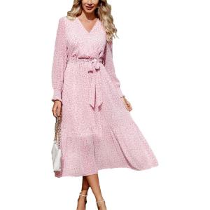 imagePRETTYGARDEN Womens Floral Print Boho Dress Long Sleeve Wrap V Neck Ruffle Belted ALine Flowy Maxi DressesPink
