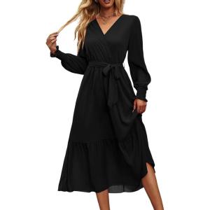 imagePRETTYGARDEN Womens Floral Print Boho Dress Long Sleeve Wrap V Neck Ruffle Belted ALine Flowy Maxi DressesSolid Black