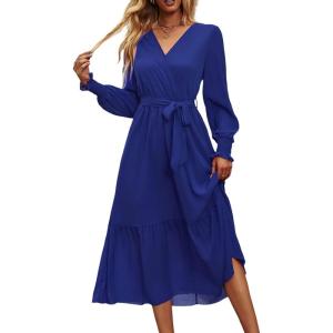 imagePRETTYGARDEN Womens Floral Print Boho Dress Long Sleeve Wrap V Neck Ruffle Belted ALine Flowy Maxi DressesSolid Blue