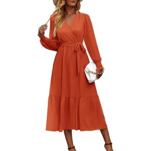 imagePRETTYGARDEN Womens Floral Print Boho Dress Long Sleeve Wrap V Neck Ruffle Belted ALine Flowy Maxi DressesSolid Brick Red