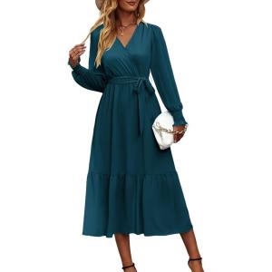 imagePRETTYGARDEN Womens Floral Print Boho Dress Long Sleeve Wrap V Neck Ruffle Belted ALine Flowy Maxi DressesSolid Lake Blue
