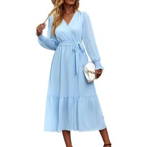 imagePRETTYGARDEN Womens Floral Print Boho Dress Long Sleeve Wrap V Neck Ruffle Belted ALine Flowy Maxi DressesSolid Light Blue