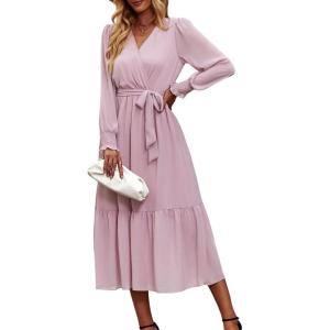 imagePRETTYGARDEN Womens Floral Print Boho Dress Long Sleeve Wrap V Neck Ruffle Belted ALine Flowy Maxi DressesSolid Pink