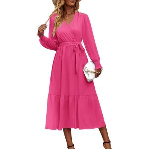 imagePRETTYGARDEN Womens Floral Print Boho Dress Long Sleeve Wrap V Neck Ruffle Belted ALine Flowy Maxi DressesSolid Rose Red
