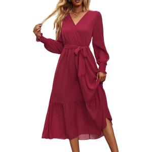imagePRETTYGARDEN Womens Floral Print Boho Dress Long Sleeve Wrap V Neck Ruffle Belted ALine Flowy Maxi DressesSolid Wine Red