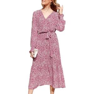 imagePRETTYGARDEN Womens Floral Print Boho Dress Long Sleeve Wrap V Neck Ruffle Belted ALine Flowy Maxi DressesWine Red
