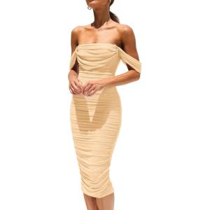 imagePRETTYGARDEN Womens Summer Off The Shoulder Ruched Bodycon Dresses Sleeveless Fitted Party Club Midi DressApricot