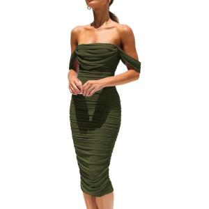 imagePRETTYGARDEN Womens Summer Off The Shoulder Ruched Bodycon Dresses Sleeveless Fitted Party Club Midi DressArmy Green