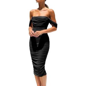 imagePRETTYGARDEN Womens Summer Off The Shoulder Ruched Bodycon Dresses Sleeveless Fitted Party Club Midi DressBlack