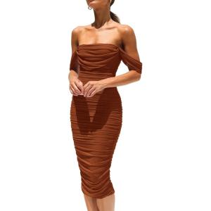 imagePRETTYGARDEN Womens Summer Off The Shoulder Ruched Bodycon Dresses Sleeveless Fitted Party Club Midi DressCaramel