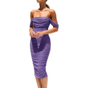 imagePRETTYGARDEN Womens Summer Off The Shoulder Ruched Bodycon Dresses Sleeveless Fitted Party Club Midi DressGrey Purple