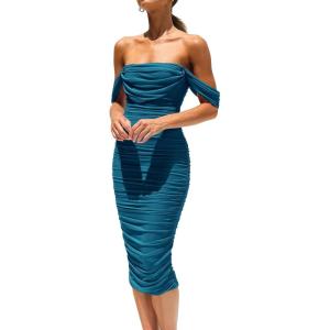 imagePRETTYGARDEN Womens Summer Off The Shoulder Ruched Bodycon Dresses Sleeveless Fitted Party Club Midi DressLake Blue
