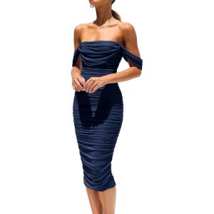imagePRETTYGARDEN Womens Summer Off The Shoulder Ruched Bodycon Dresses Sleeveless Fitted Party Club Midi DressNavy
