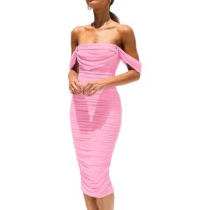 imagePRETTYGARDEN Womens Summer Off The Shoulder Ruched Bodycon Dresses Sleeveless Fitted Party Club Midi DressPink
