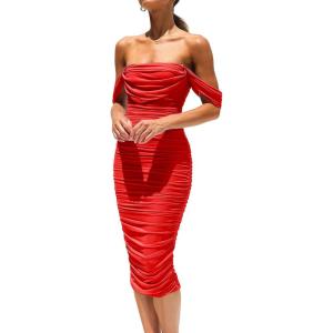 imagePRETTYGARDEN Womens Summer Off The Shoulder Ruched Bodycon Dresses Sleeveless Fitted Party Club Midi DressRed