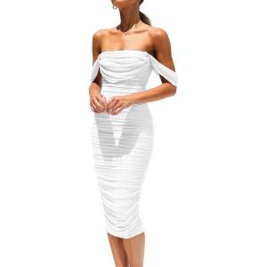 imagePRETTYGARDEN Womens Summer Off The Shoulder Ruched Bodycon Dresses Sleeveless Fitted Party Club Midi DressWhite
