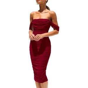 imagePRETTYGARDEN Womens Summer Off The Shoulder Ruched Bodycon Dresses Sleeveless Fitted Party Club Midi DressWine Red