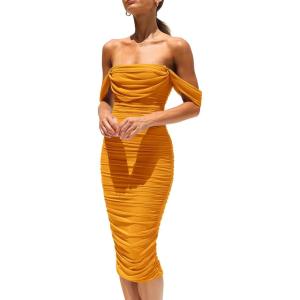 imagePRETTYGARDEN Womens Summer Off The Shoulder Ruched Bodycon Dresses Sleeveless Fitted Party Club Midi DressYellow