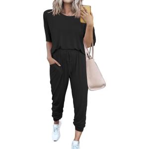 imagePRETTYGARDEN Womens Two Piece Outfit Short Sleeve Pullover with Drawstring Long Pants Tracksuit Jogger SetAblack